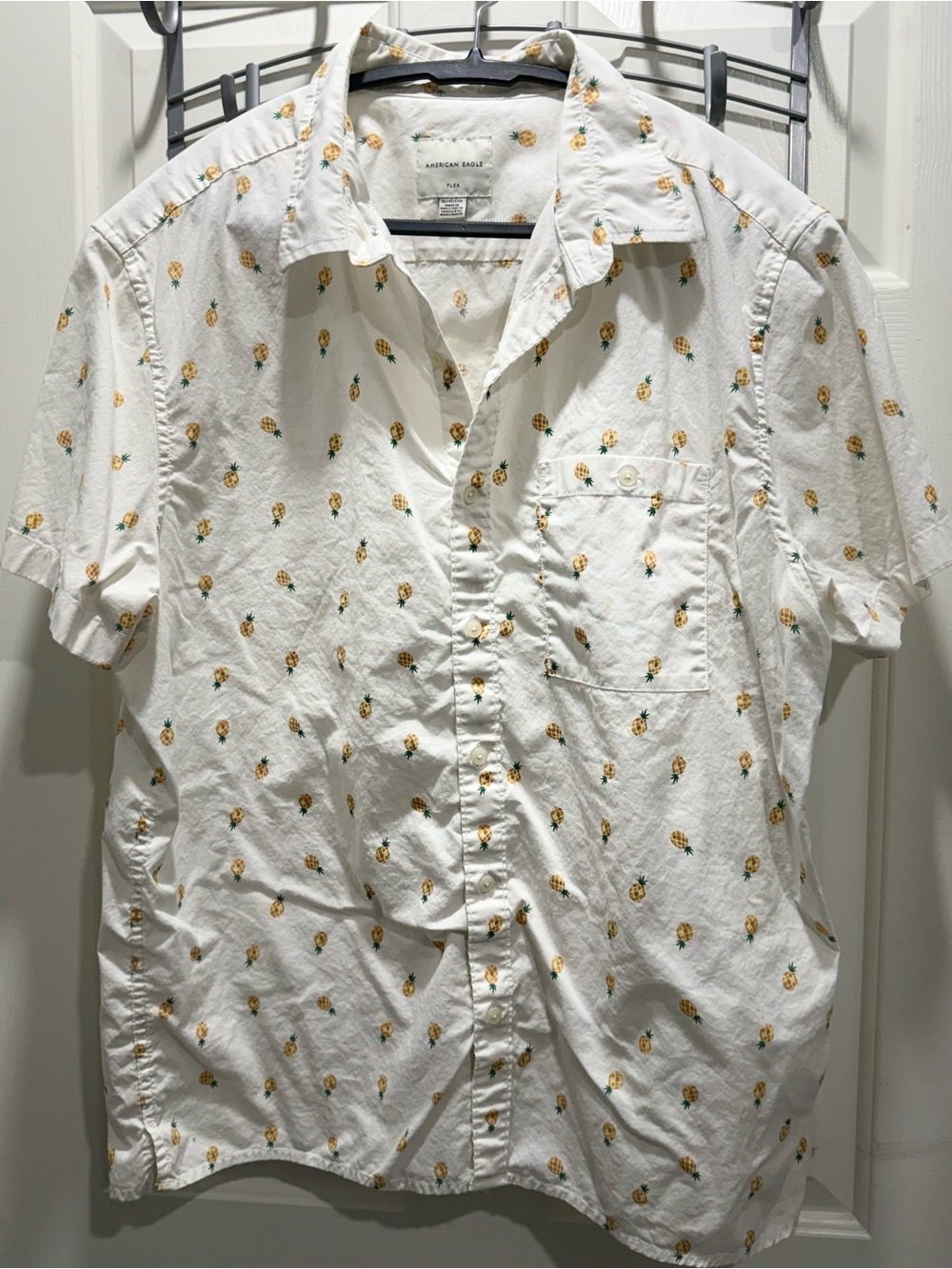 American Eagle Outfitters White Short-Sleeve Pineapple Print Button-Up Shirt